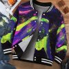 Women’S Neon Galaxy Baseball Jacket Long Sleeve T-Shirt | Luminous Ink Splash Abstract Art Design, Unisex Casual Carnival Festival Clothing, Colorful Fluorescent Greenu002FPurpleu002FBlueu002FPink, Regular Fit Suitable for Parties and Daily Wear