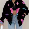 Plus Size Women’S Oversized 3D & Star Print Baseball Jacket | Pastel & Color, Button Front Long Sleeve, All-Season Wear, Street Style, Ideal for Themed Events, Parties, Casual Attire