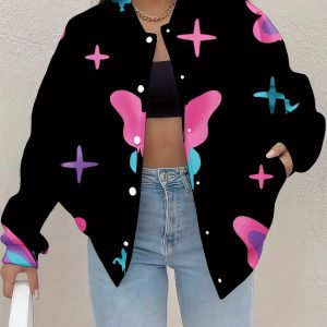 Plus Size Women'S Oversized 3D & Star Print Baseball Jacket | Pastel & Color, Button Front Long Sleeve, All-Season Wear, Street Style, Ideal for Themed Events, Parties, Casual Attire
