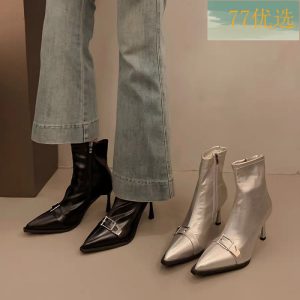 Pointed Toe High Heel Boots Women | 2026 Autumn Winter New Trendy Cool Metal Professional Boots, Thin Mid Heel, Zipper Closure, Fabric Upper and Sole, Women Shoes