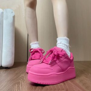 2025 Women'S Trendy Fuchsia Sneakers | Dopamine Thick-Soled Height-Increasing Casual Shoes, Lace-up Closure, Low Top, All-Season, EVA and Fabric Upper, PVC and Sole, Women Shoes