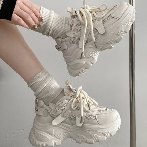 Hong Kong Style White Thick-Soled Dad Shoes for Women | 2025 New Autumn Winter Student Retro Sneakers, Lace-up, Round Toe, Polyurethane Upper, Lining, Rubber Sole, Low Top, All-season, Women Shoes