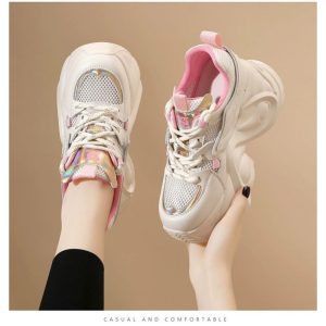 Women's Chunky Sneakers Mid-Top Lace-Up - Beigeu002FTealu002FOrange & Whiteu002FPink Color Options, Mesh Upper & Rubber Sole, All-Day Casual Shoes for Gym, Outfits, Year-Round Wear - Trendy Chunky Platform Footwear