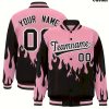 Women’S Long Sleeve Baseball Jacket | Pink and Black Flame Design with Buttons, Crew Neck, Regular Sleeve, Slight Stretch Fabric | Ideal for Sports Fans and Fashion Enthusiasts, Perfect for Casual Wear and Festive Seasonal Gifts