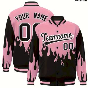 Women'S Long Sleeve Baseball Jacket | Pink and Black Flame Design with Buttons, Crew Neck, Regular Sleeve, Slight Stretch Fabric | Ideal for Sports Fans and Fashion Enthusiasts, Perfect for Casual Wear and Festive Seasonal Gifts