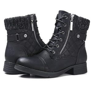 Womens Boots Chunky Ankle Boots with Belt Strap and Side Zipper, Flat Warm Winter Shoes Fashion Comfortable Fall Boots, Women Shoes