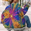 Women’S Long Sleeve Baseball Jacket with Buttons | Colorful Psychedelic Flower Print, Vibrant Artistic Design Inspired by Summer Festivals and Music Events, Perfect for Casual Outings, Streetwear | Spring Season, Crew Neck, Regular Sleeve