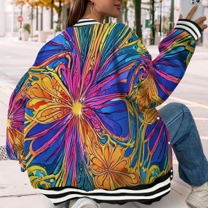 Women'S Long Sleeve Baseball Jacket with Buttons | Colorful Psychedelic Flower Print, Vibrant Artistic Design Inspired by Summer Festivals and Music Events, Perfect for Casual Outings, Streetwear | Spring Season, Crew Neck, Regular Sleeve
