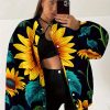 Plus Size Women’s 3D Sunflower & Butterfly Jacket – Button-Front Blazer with Baseball Collar, Machine Washable All-Season Outerwear, Fall Winter Transitional Weather Jacket with Sunflower & Butterfly Print, Casual Elegant Outerwear for Women
