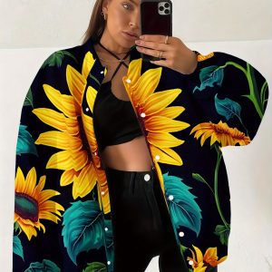 Plus Size Women's 3D Sunflower & Butterfly Jacket - Button-Front Blazer with Baseball Collar, Machine Washable All-Season Outerwear, Fall Winter Transitional Weather Jacket with Sunflower & Butterfly Print, Casual Elegant Outerwear for Women