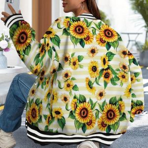 Plus Size Women'S Sunflower & Daisy Print Baseball Jacket Hoodie | Soft Breathable Long Sleeve, College Style Coat with Hood, Whiteu002FYellowu002FGreen Striped Collar, All-Season Casual Sportswear, H-Shaped Cut, No Chest Padu002FNo Belt