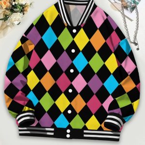 Women Baseball Jacket Colorful Rhombus Pattern Hoodie | Party Casual Geometric Print Long Sleeve T-shirt, Plus Size, V-neck, Flared Hem, Double Button Details