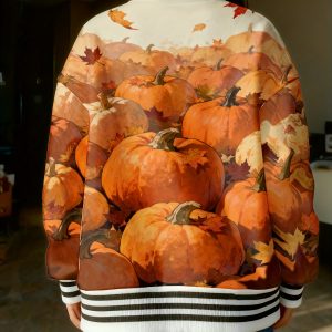 Oversized Pumpkin And Autumn Leaves Design Baseball Jacket - Complete Seasonal Pattern Coat, Stylish Casual Outerwear for Fall Winter, Cozy Long Fit with Pockets, Unisex for Everyone (No Padding
