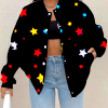 Women’S Plus Size 3D Star Print Baseball Jacket | Vibrant Multicolor (Red, Yellow, Green, Pink, Orange) Oversized Casual Outerwear with Button Front Closure, Long Sleeve Winter Warmth, Star Pattern & Baseball Collar for Layering, Parties