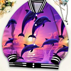 Women'S 3D Dolphin Sunset Print Baseball Jacket Hoodie | Purple & Pink Ocean Animal Graphic Long Sleeve Casual Sweatshirt, S-5XL Sizes, Fallu002FWinter Warmth, Beach Vacation Outfit, Sporty Casual Wear with Round Neck & No Padding, Easy-Care Fabric