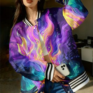 for plus Size Hoodie for Women and Men | Galactic Flame Forest Night Sky Print, Long Sleeves, Full-Zip Design with Pockets, Soft Warm Fabric, Neon Glow, Crew Neck, Regular Sleeves, Spring Season