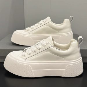 2025 Spring New Campus Style Versatile Thick-Soled Trendy Casual Women'S Shoes | Fashion Shallow Mouth Lace-Up White Sneakers with Tassel, Low Top, Fabric Upper and Rubber Sole, Women Shoes