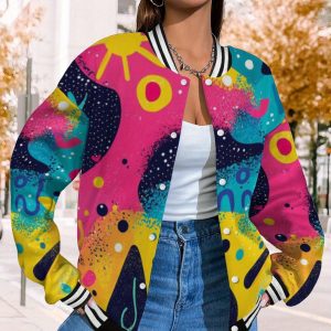 Plus Size Women's 80s 90s Retro Neon Rainbow & Universe Galaxy Print Full-Zip Hooded Jacket - Soft Blend Varsity Coat with Hood, Casual Winter Outerwear (Pinku002FYellowu002FPurpleu002FGreen), Nostalgic 8090s Style for Themed Parties & Casual Attire