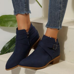 Women'S Ankle Boots | Pointed Toe Mid Heel Dress Boots with Side Zipper and Strap Detail, Elegant Chic Short Boots, Fashion Trendy Shoes, Size 43 Big Size Available, Polyurethane Upper, Fabric Lining, EVA Insole, Rubber Sole, Women Shoes