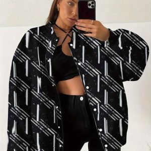 Plus Size Women'S Elegant Special Line 3D Geometric Grid Pattern Jacket | Button-Front Closure, Baseball Collar, Long Sleeve, Machine Washable, Fallu002FWinter Outerwear for Casual & Transitional Weather Wear.