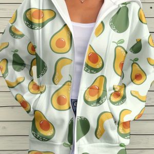 Women'S Avocado Print Hooded Cardigan - 3D All-Over Print Lightweight Sweater, Soft Green & Yellow Avocado Pattern, Cozy Fall Winter Long Sleeve Casual Outerwear, Easy-Care Hoodie for Everyday Outfits