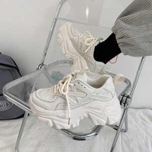 Thick-Soled Height-Increasing Dad Shoes for Women | 2025 Autumn New Korean Fashion Student Casual Sneakers, Lace-up Closure, Plain Toe, Solid Color, Low Top, Upper, Mesh Inner, Rubber Sole, Hand Wash or Professional Dry Clean, Women Shoes
