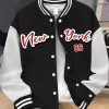 Women’s Plus Size Baseball Jacket Pink & White Color Block Coat with NEW YORK Brooklyn Lettering, Baseball Collar, Machine Washable, Casual Winter Wear, Durable Fabric Coat_6