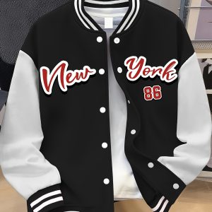 Women's Plus Size Baseball Jacket Pink & White Color Block Coat with NEW YORK Brooklyn Lettering, Baseball Collar, Machine Washable, Casual Winter Wear, Durable Fabric Coat_6