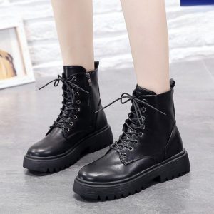 White Combat Boots for Women | Platform Chunky Ankle Boots Winter Fashion Boots Heeled Casual Boots with Lace-up Closure, Round Toe, Polyurethane Upper, Fabric Inner, EVA Insole, Rubber Sole, Women Shoes