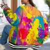Women’s Printed Baseball Collar Jacket, Autumn and Winter Casual Sports Style Bright Color Printed Coat, Machine Washable Abstract Pattern Loose Street Style Bomber Jacket, Fun Baseball Style Women’s Jacket