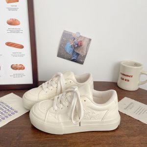 Women' Milky White Chunky Platform Sneakers - Low-Top Lace-Up Round Toe Traction Sole, Thick Cushioned Sole Suitable for Sports,, Casual Attire, - Versatile Casual Shoes, Women Shoes