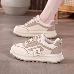 2026 Autumn Versatile Fashion Women'S Shoes | Lightweight Thick-Soled Sports Casual Sneakers, White, Lace-up, Low-top, Polyurethane Upper, Superfine Fiber Lining, Sole, Women Shoes