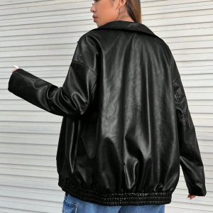 Women'S Plus Size Oversized Black PU Jacket - Thick Warm Winter Coat with Full-Zip Closure, Non-Stretch Structured Fit for Curvy Figures