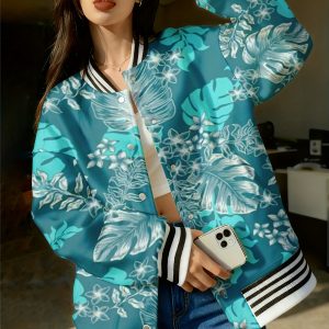A Turquoise Baseball Jacket Designed for Plus-Size Women, Showcasing a Tropical Leaves And Hibiscus Design, Complete with a Floral Motif, Long Sleeves, And Pockets. This Fashionable Outerwear Is Ideal for Casual Wear