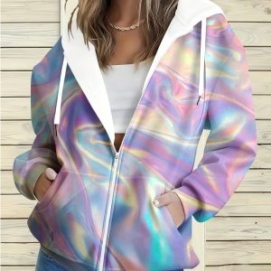 Plus Size Women'S Holographic Fabric Hooded Jacket Coat | Iridescent Full Print, Zipper Detail, Casual Style for Travel, Gatherings, and Festivals, Perfect for Gifting and Birthday Celebrations