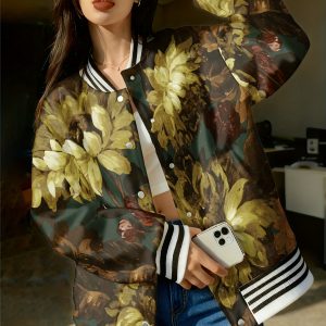 Oversized Brown Floral Print Full-Zip Hooded Jacket with Long Sleeves, Perfect for Winter Outings This Cozy Outerwear Is Ideal for Themed Events And Autumn Fashion, Featuring a Comfortable Hoodi_1