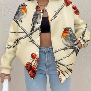 Plus Size Women's Winter Warm 3D Berry & Birds Print Baseball Jacket with Button-Front Closure, Loose Fit Long Sleeve Coat, H-Line Silhouette for Cold Weather, Machine Washable Polyester Outerwear for Fall and Winter
