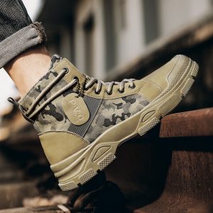 Men's Camo Utility Boots, Tactical-Style Work Boots Mid Top Lace Up Outdoor Walking Hiking, Rugged Casual Streetwear Shoes
