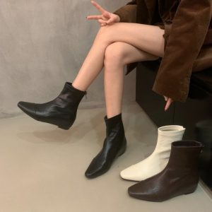 2026 Korean Version New White Short Boots Retro Versatile Simple Hidden Wedge Short Boots Elegant Small Square Toe Short Boots, Women Shoes