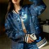 Oversized Blue Floral Moonlit Sky Baseball Jacket | Full-Body Coat with Night Sky and Flower Design, Perfect for Casual Winter Wear with Pockets, Ideal for Layering in Fall and Winter, Crew Neck, Regular Sleeve
