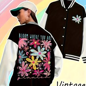 Women'S Autumn Winter Casual Baseball Jacket | Plus Size Letter Print Color Block Baseball Collar Jacket, College Style Long Sleeve Coat, Machine Washable Warm Casual Outerwear, Women'S Winter Ba_27